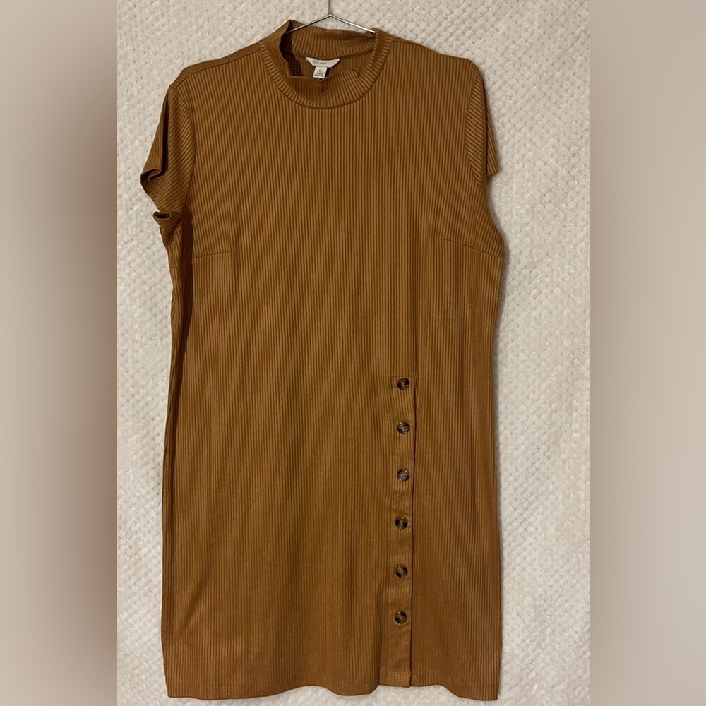 Cato Ribbed Button-Accent Mini Dress in Camel Short Sleeves Casual Womens Large